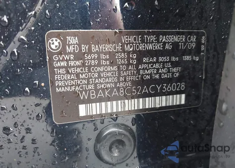 2010 BMW 750I z USA, uszkodzony, nr VIN WBAKA8C52ACY36028